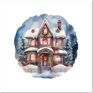 Christmas house watercolor Posters and Art